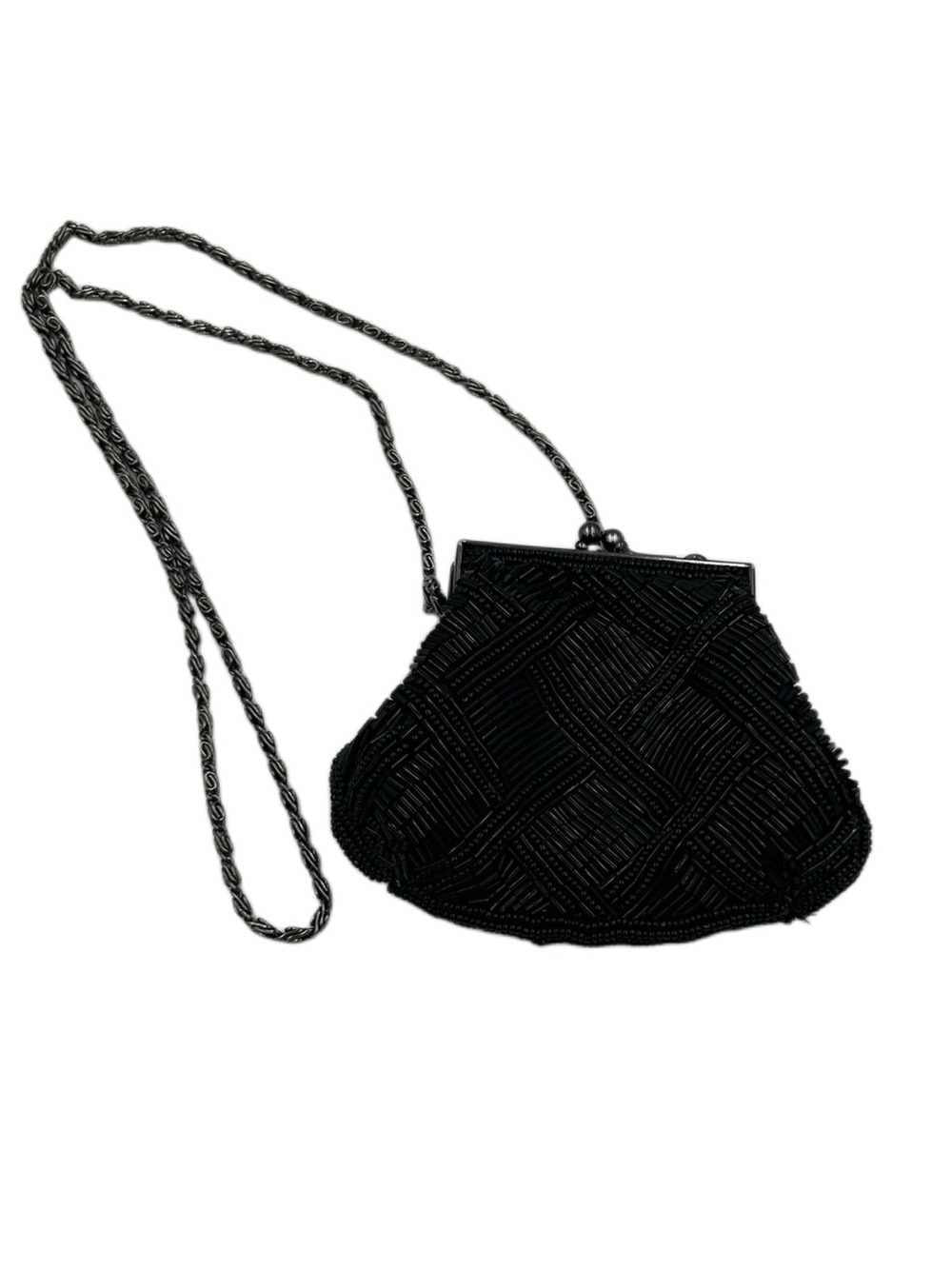 Vintage Caché Black Beaded Mini Evening Bag Kiss Lock Clutch Y2K